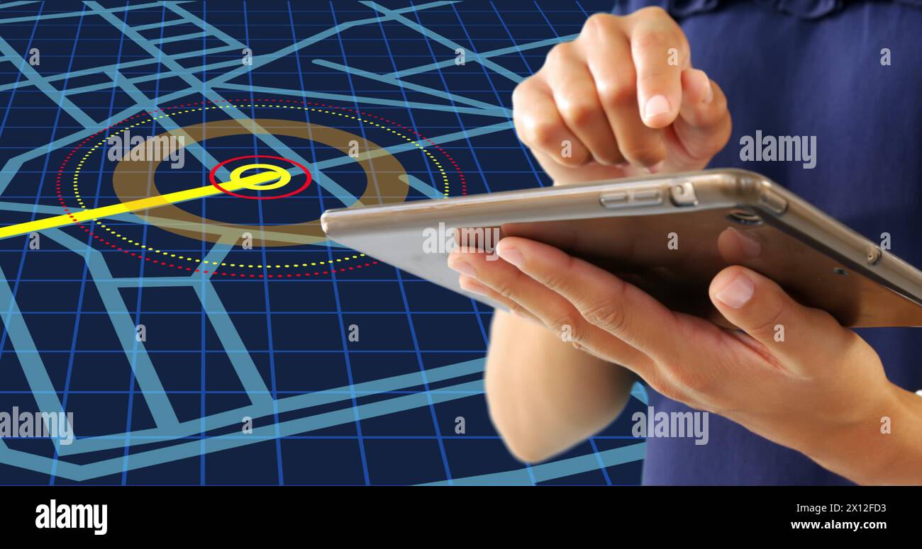Mid section of a woman using a digital tablet against navigation map line scheme on blue background Stock Photo