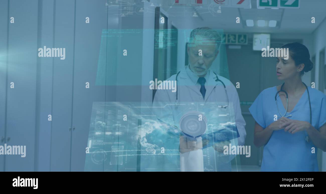 Image of data processing on screens over diverse female and male doctors talking Stock Photo