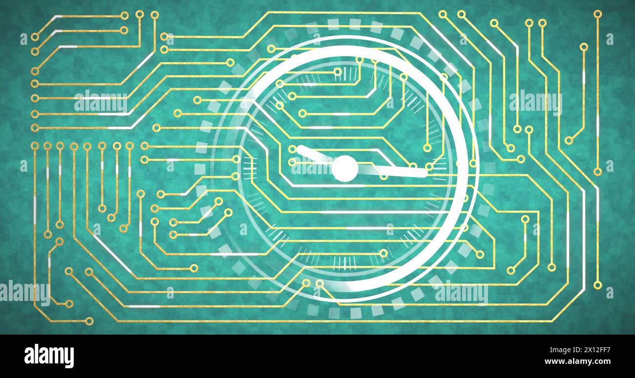 Image of computer circuit board over clock on green background Stock ...