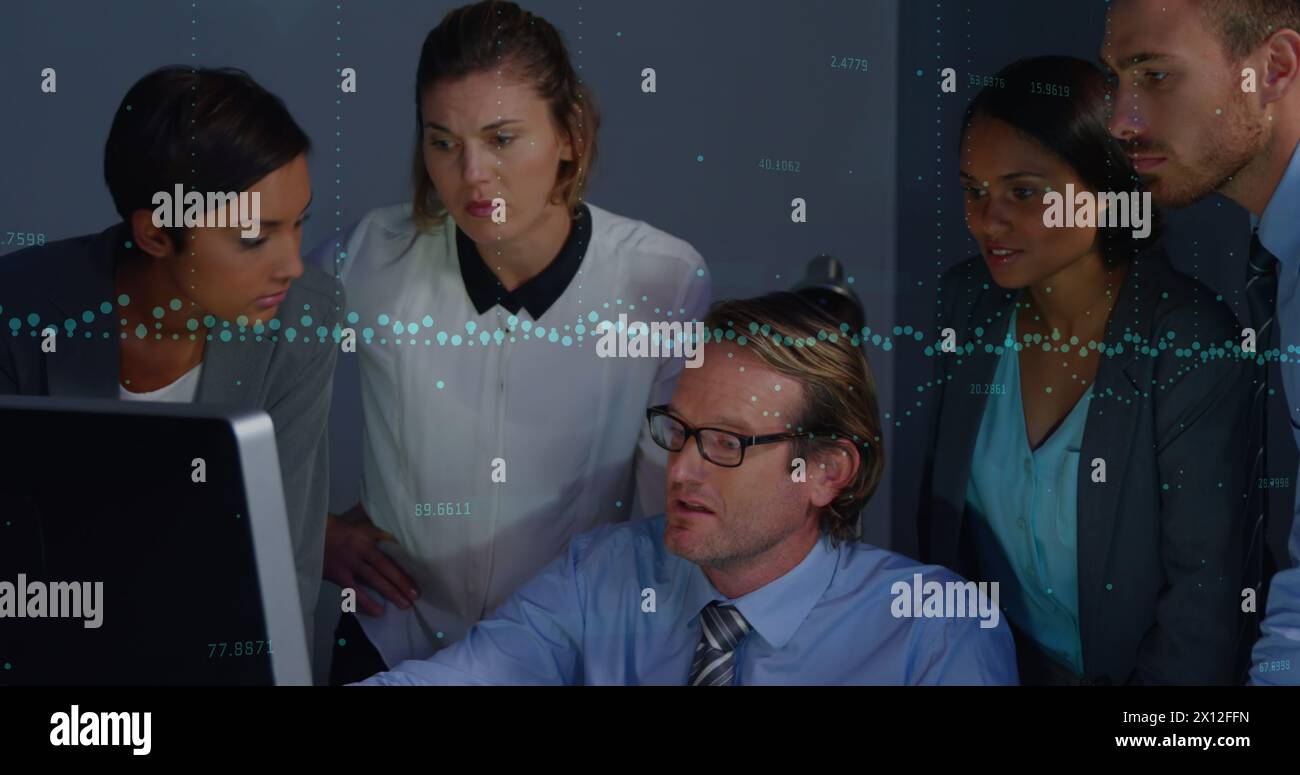 Image of data processing over diverse business people talking Stock ...