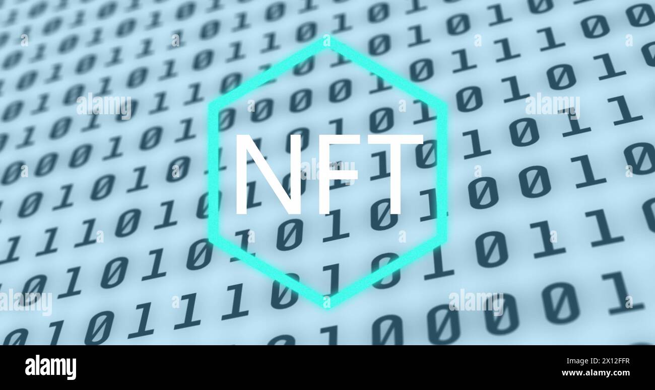 Image of nft text over binary coding on white background Stock Photo