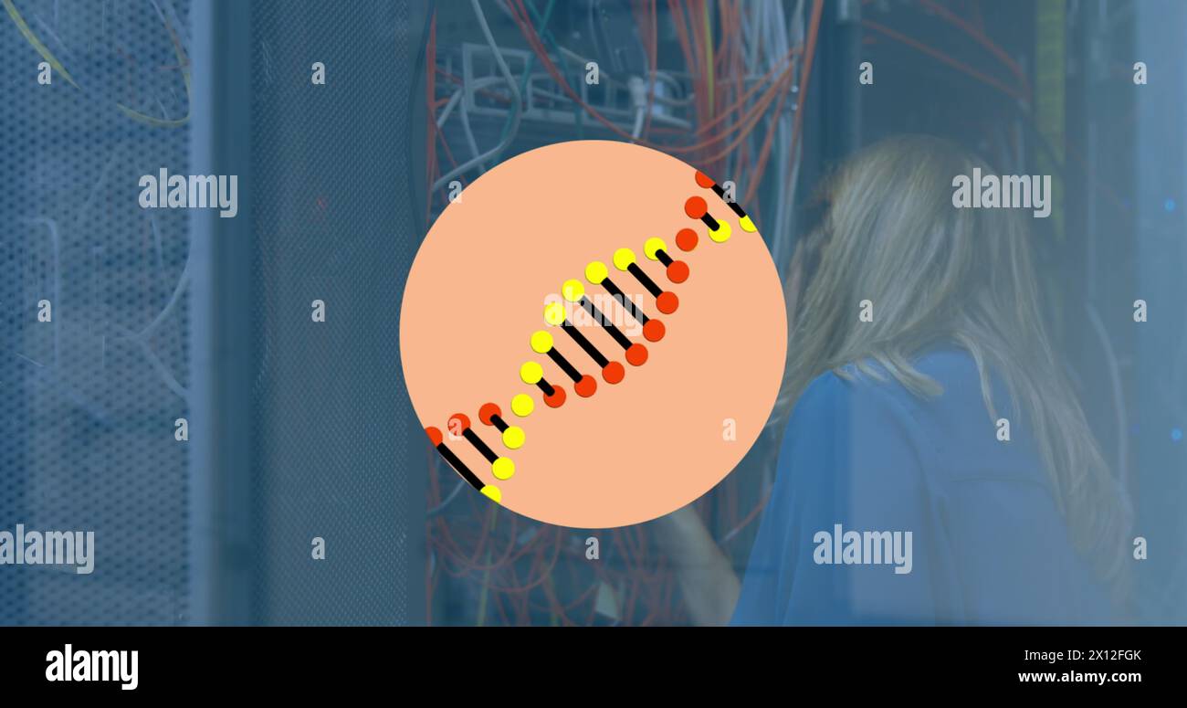 Image of dna strand over caucasian female worker inspecting server room Stock Photo
