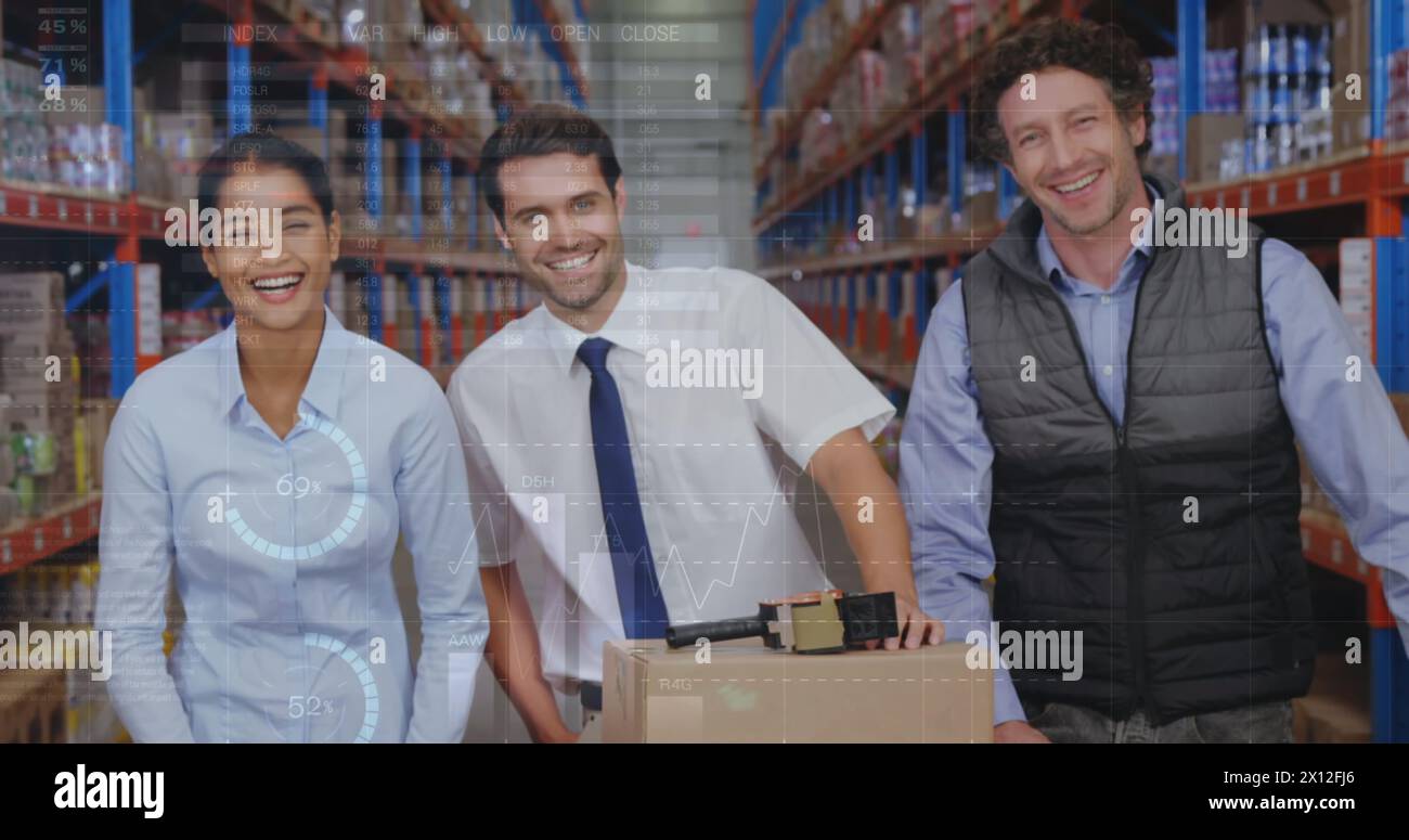 Image of data processing over people working in warehouse Stock Photo