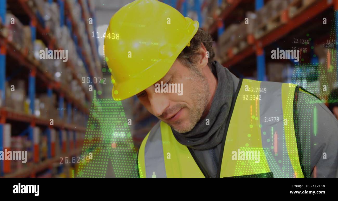 Image of data processing over man working in warehouse Stock Photo