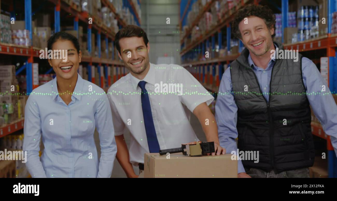 Image of data processing over diverse people working in warehouse Stock ...