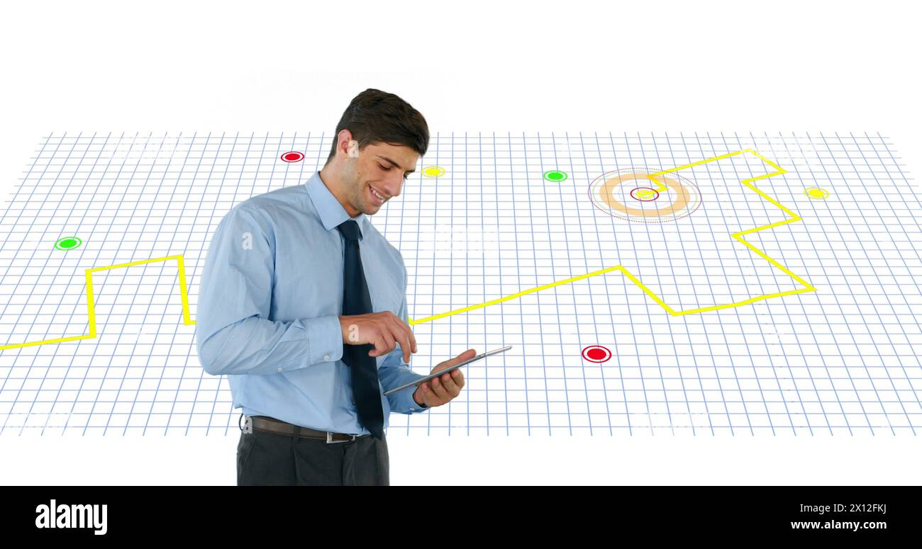 Caucasian man using a digital tablet against navigation map line scheme on white background Stock Photo