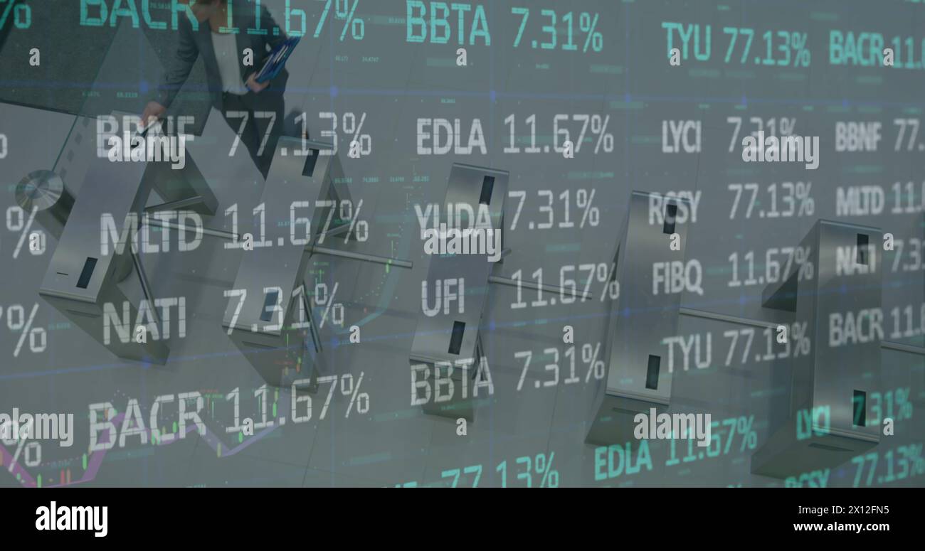Image of statistics and data processing over businesswoman Stock Photo