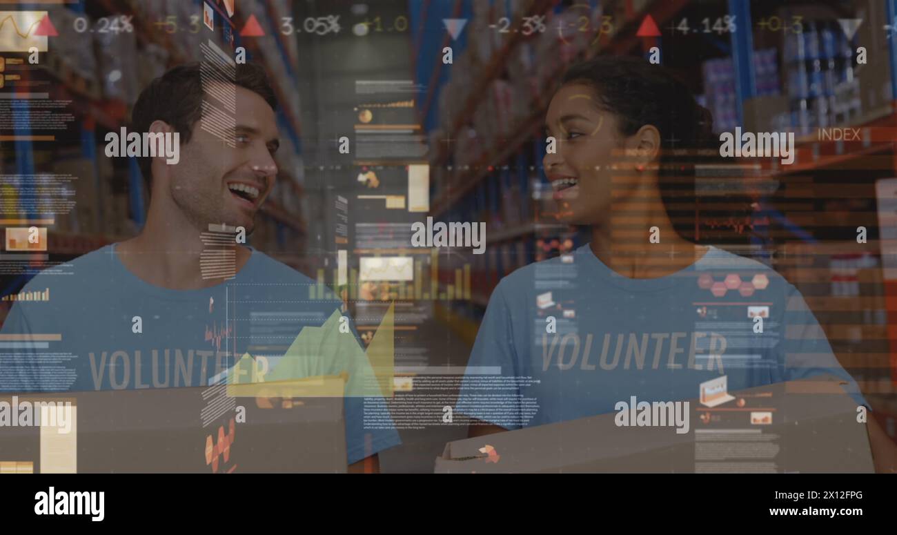 Image of data processing over diverse group of warehouse workers Stock Photo