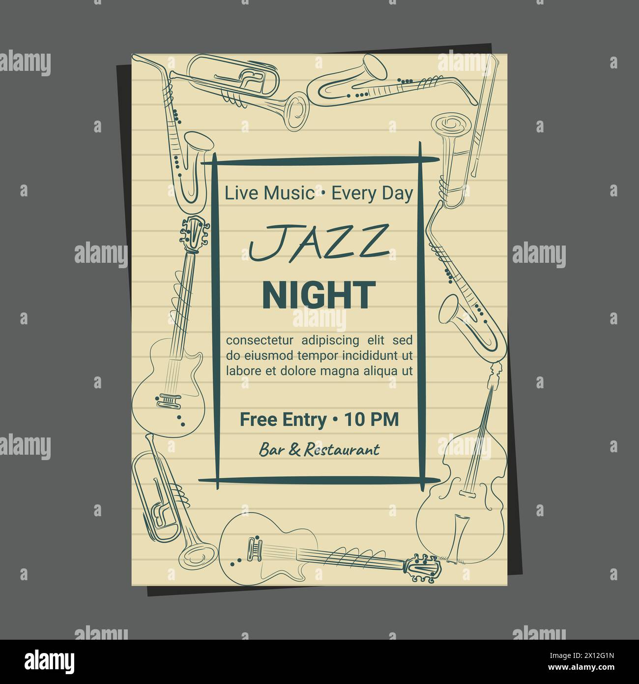 Instruments hand drawn music retro promo page flyer poster for events ...