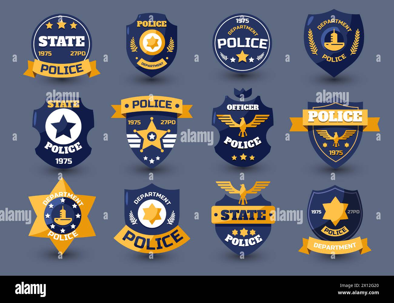 Police officer seal. Policeman badges and sheriff emblems with star and shield, law enforcement insignia flat style. Vector collection Stock Vector