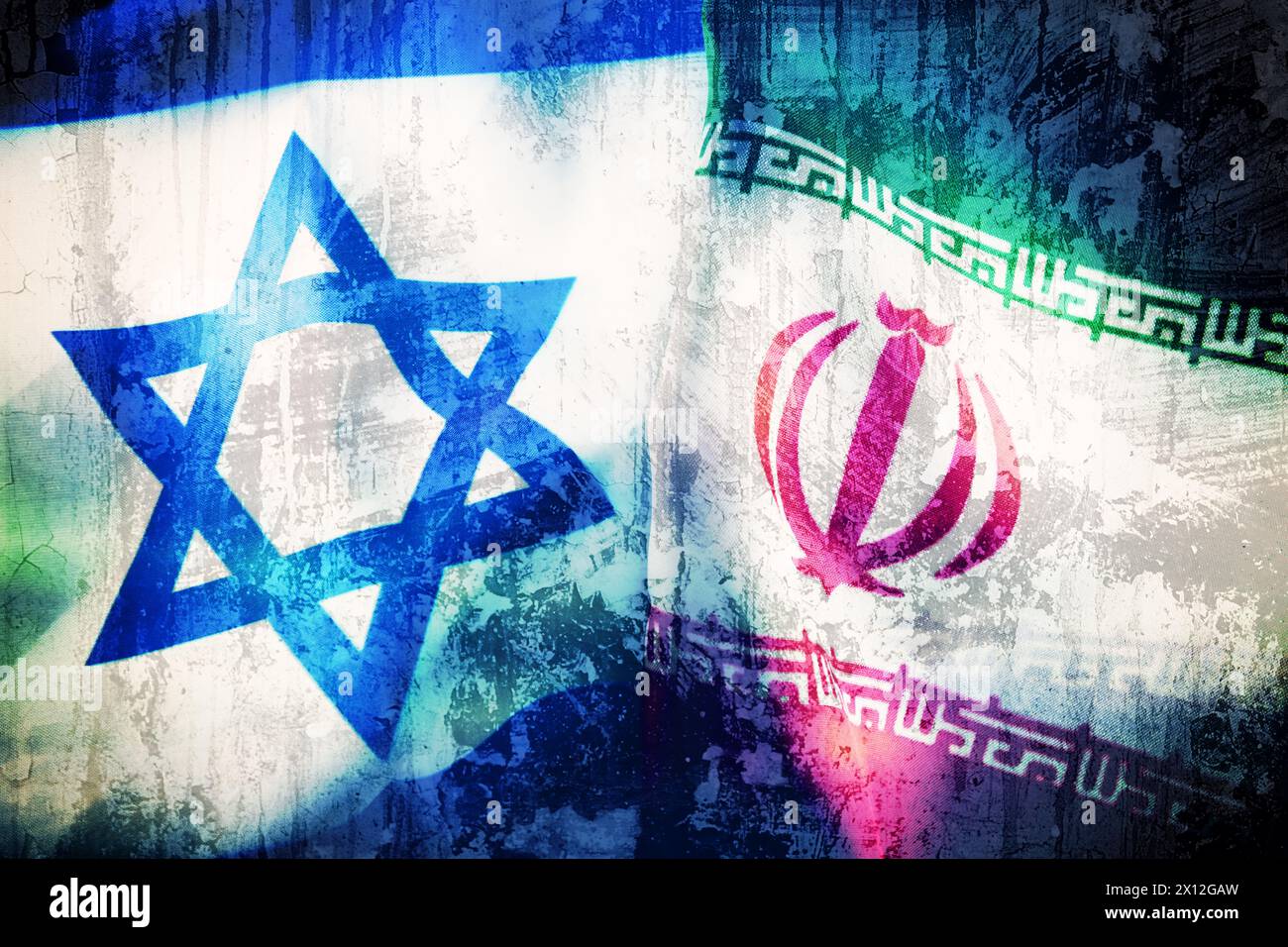 Flags of Israel and Iran, Middle East conflict Stock Photo