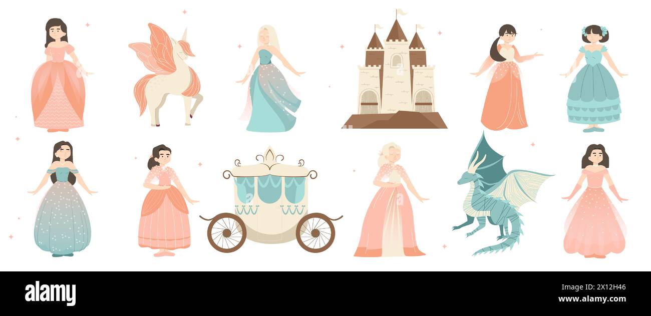 Cute fairy princess. Cartoon little girls in princess dress with medieval castle and dragon, fantasy characters with different emotions. Vector Stock Vector