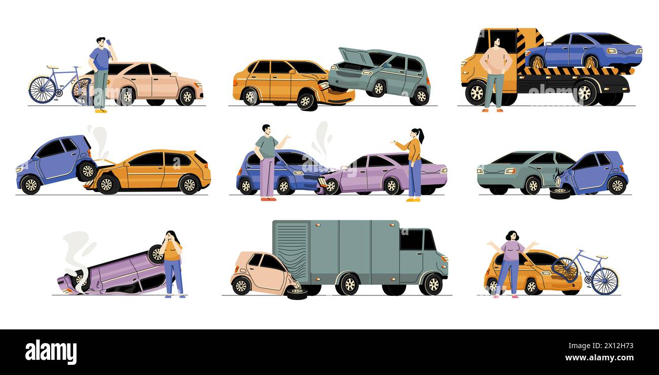 Cartoon car accidents. Crash of vehicle with pedestrian, driver and passenger in dangerous situation, car accident concept. Vector flat set Stock Vector