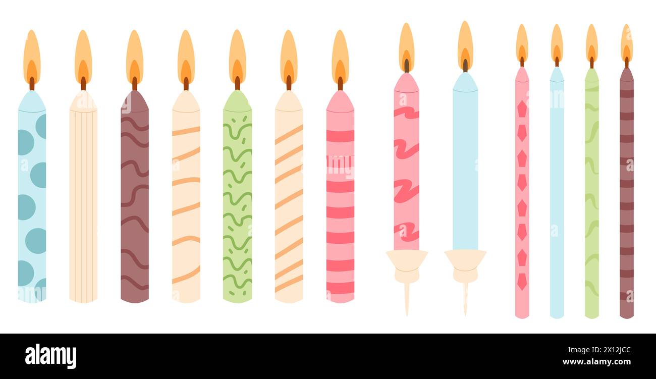 Burning birthday cake candles isolated on white background. Various ornament holiday event elements. Vector hand drawn flat illustration. Stock Vector