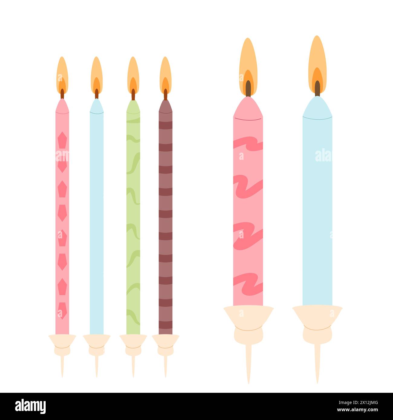 Burning birthday cake candles isolated on white background. Vector hand ...