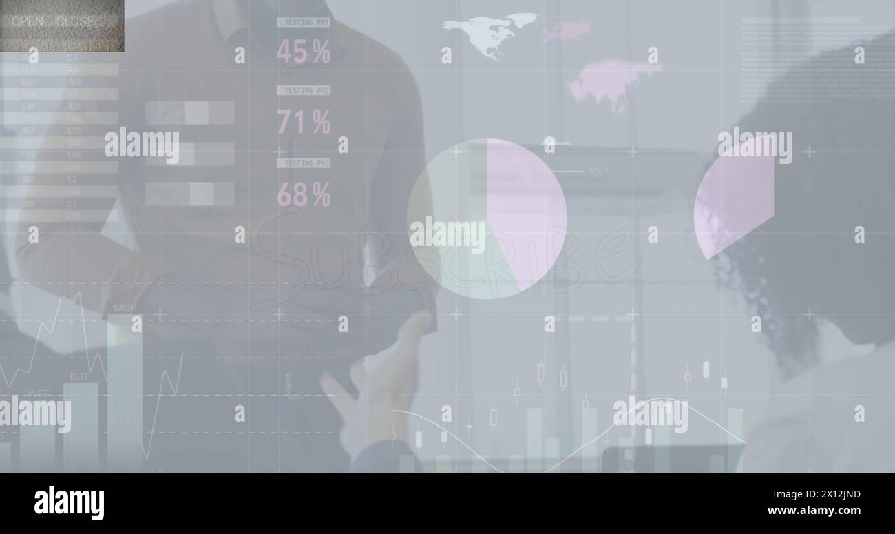 Image of data processing over diverse business people talking Stock Photo