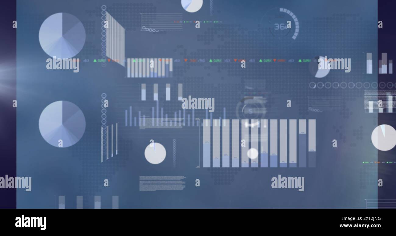 Image of multiple graphs, multicolored trading board and database over abstract background Stock Photo
