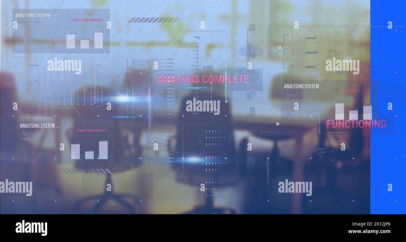 Image of light trails and data processing over office Stock Photo