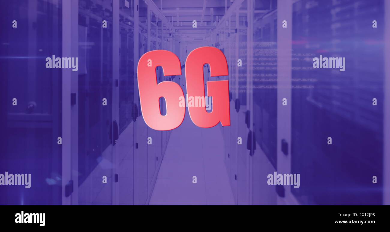 Image of 6g and data over violet server room Stock Photo - Alamy