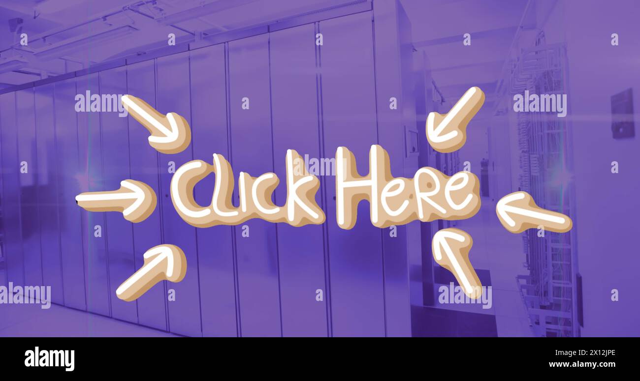 Image of click here over violet server room Stock Photo