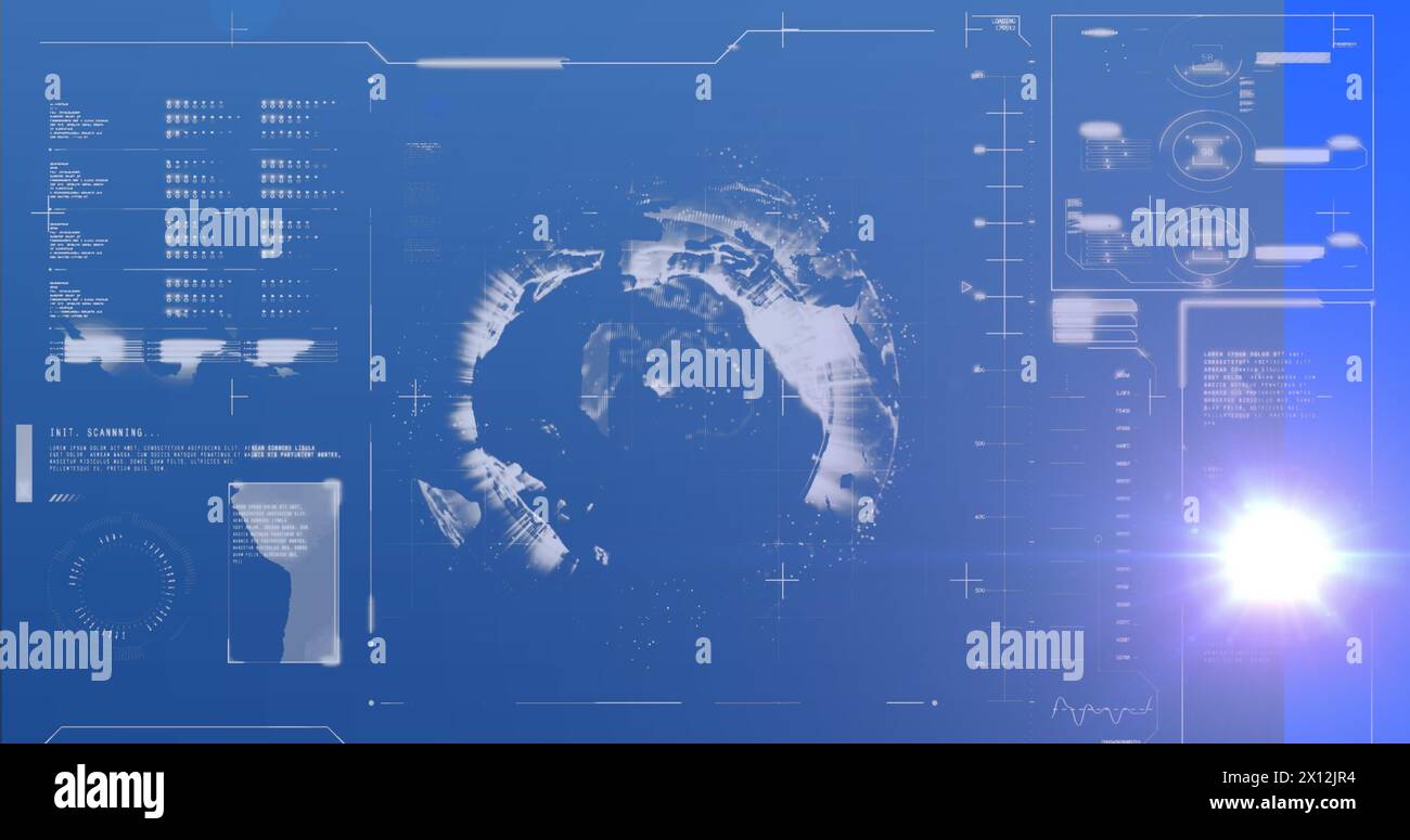Image of light trails and data processing with globe over blue background Stock Photo