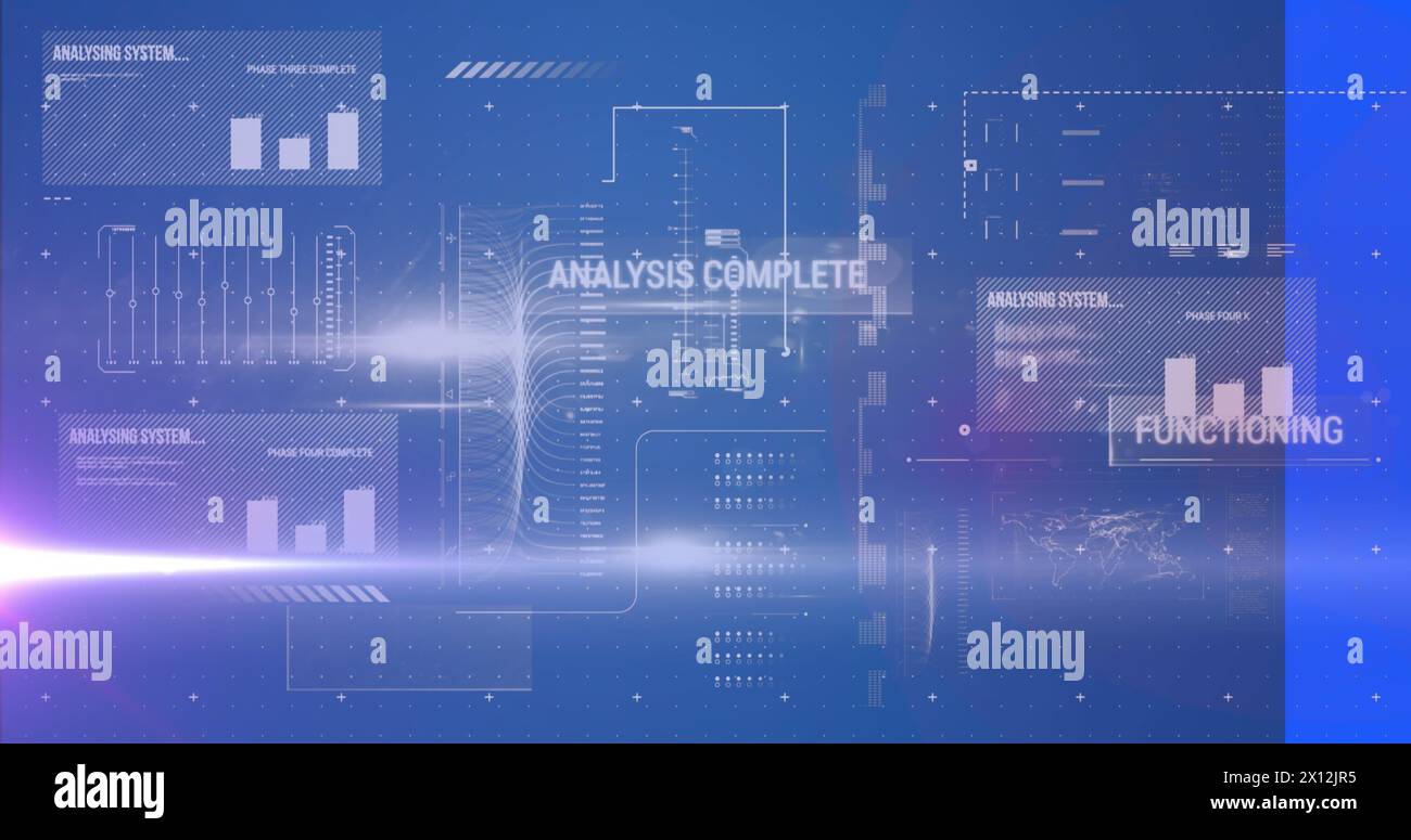 Image of light trails and data processing over blue background Stock Photo