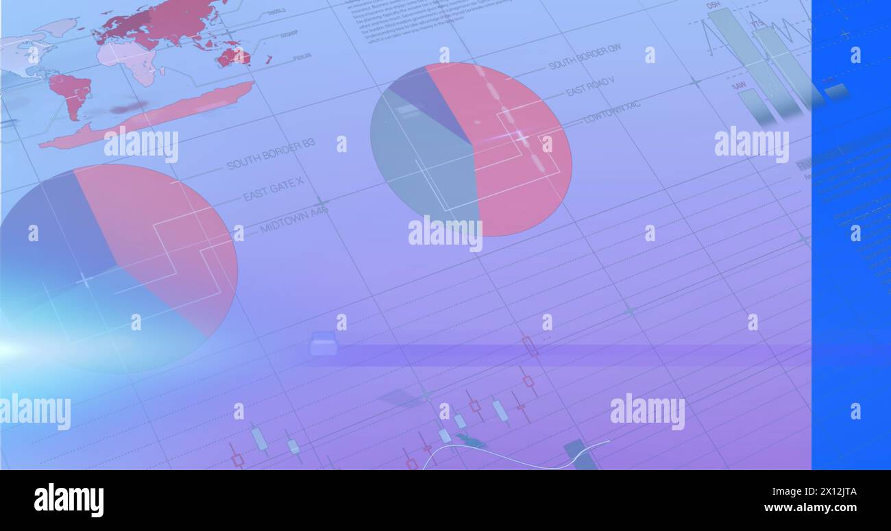Image of light trails and data processing over blue background Stock Photo