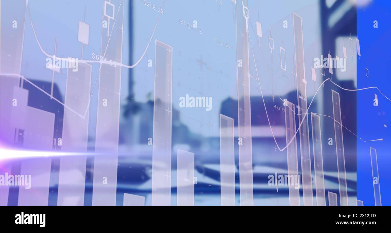 Image of light trails and data processing over office Stock Photo