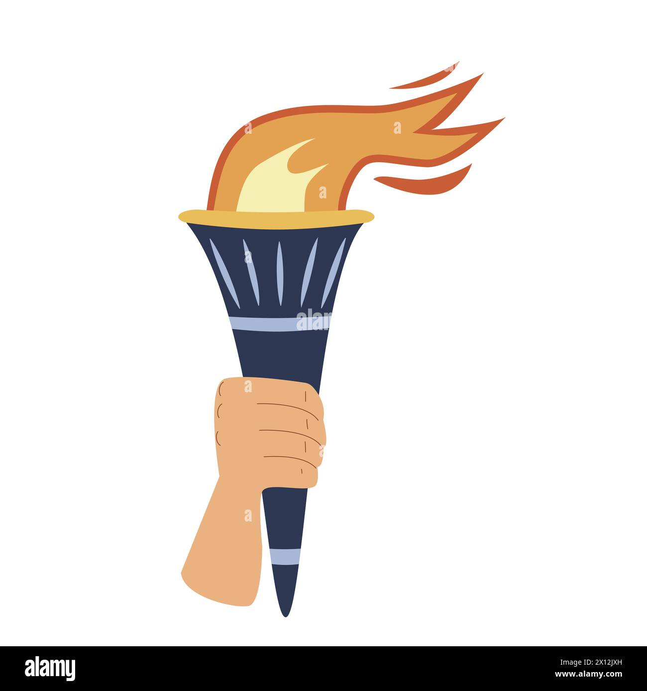 Torches with burning flame in hand. Symbol of sport, games, victory and champion competition holding human arm. Vector flat illustration. Stock Vector