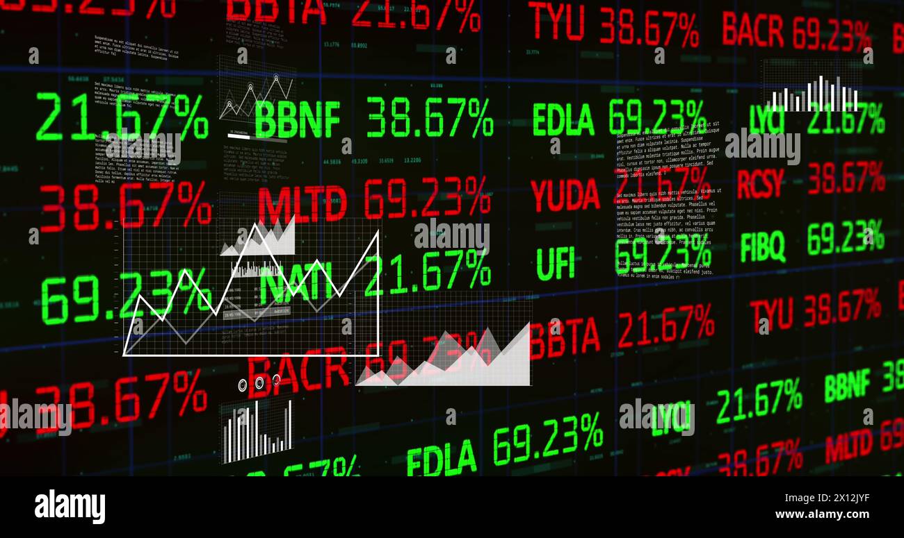 Image of trading board over multiple graph, database, numbers against black background Stock Photo
