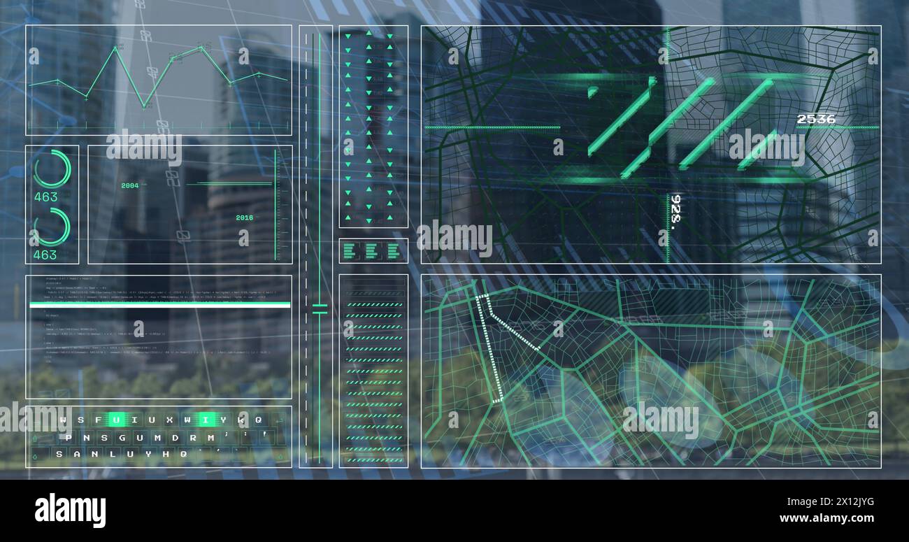 Image of cityscape over data processing Stock Photo