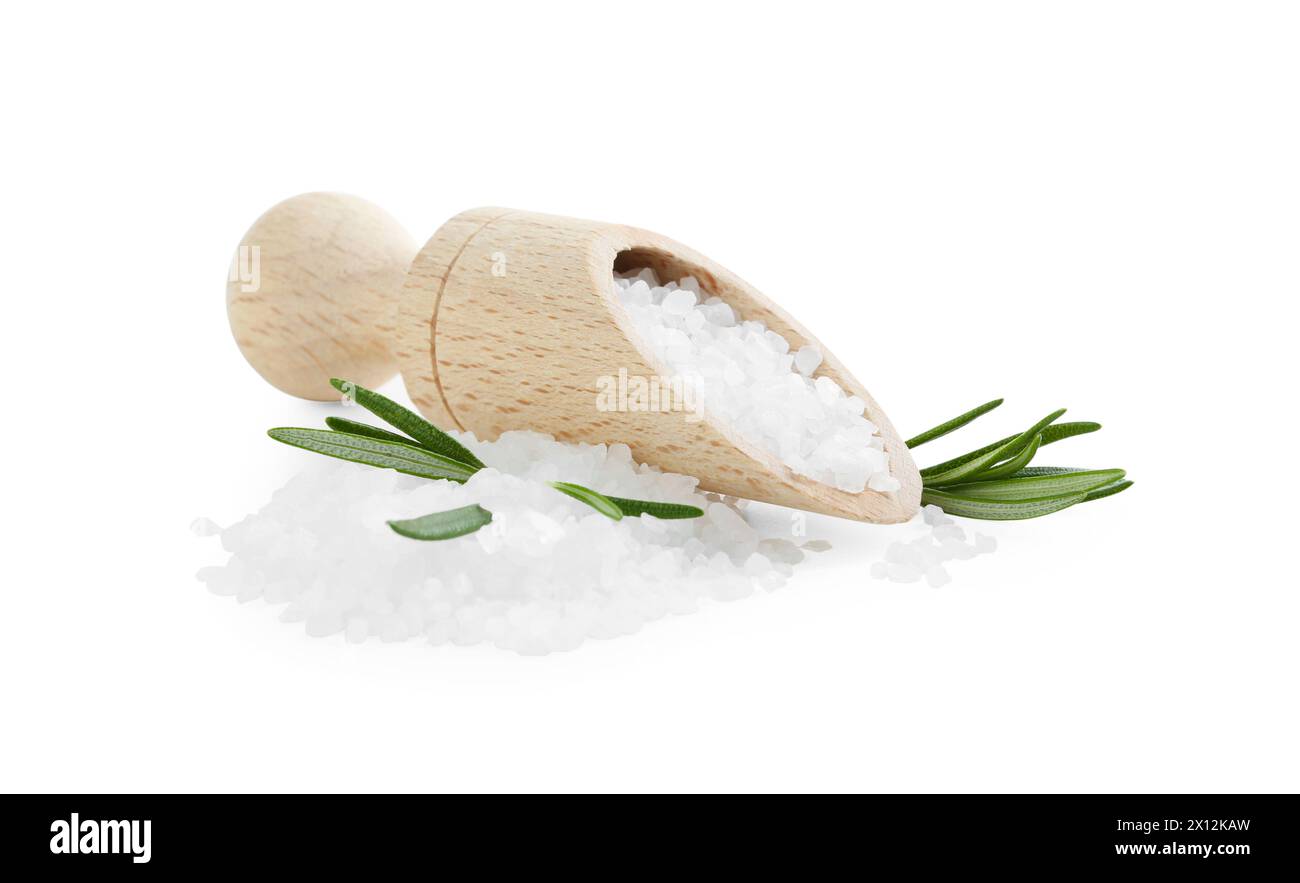 Scoop with salt and rosemary isolated on white Stock Photo