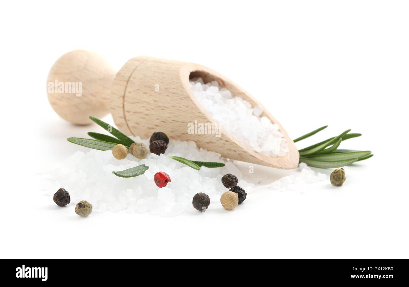 Salt with rosemary and peppercorns in scoop isolated on white Stock Photo
