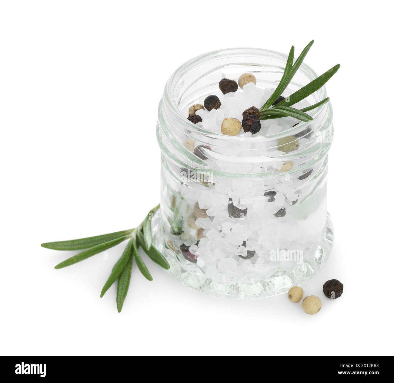 Salt with rosemary and peppercorns in jar isolated on white Stock Photo