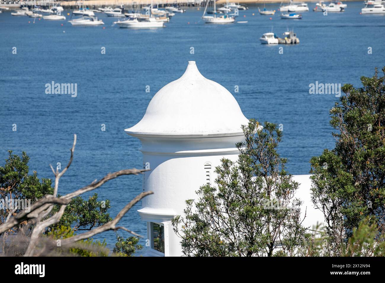 Grotto Point lighthouse, aka the Port Jackson Entrance Front light, at Grotto Point rock on the north side of Sydney Harbour,NSW,Australia Stock Photo