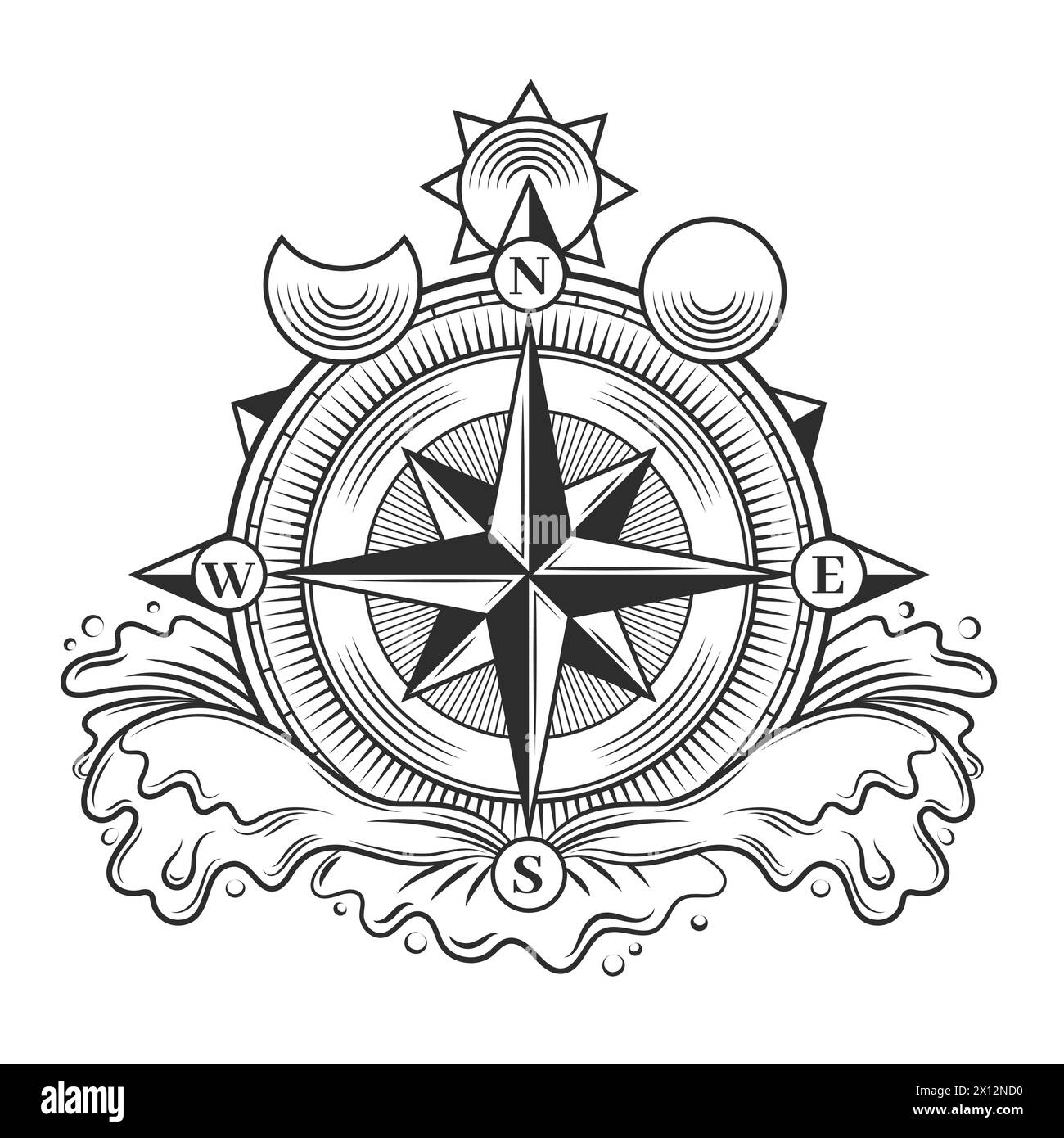 Compass tattoo. Minimalist black astrological amulet with arrow and sun moon stars, modern orienteering direction sign. Vector isolated set Stock Vector