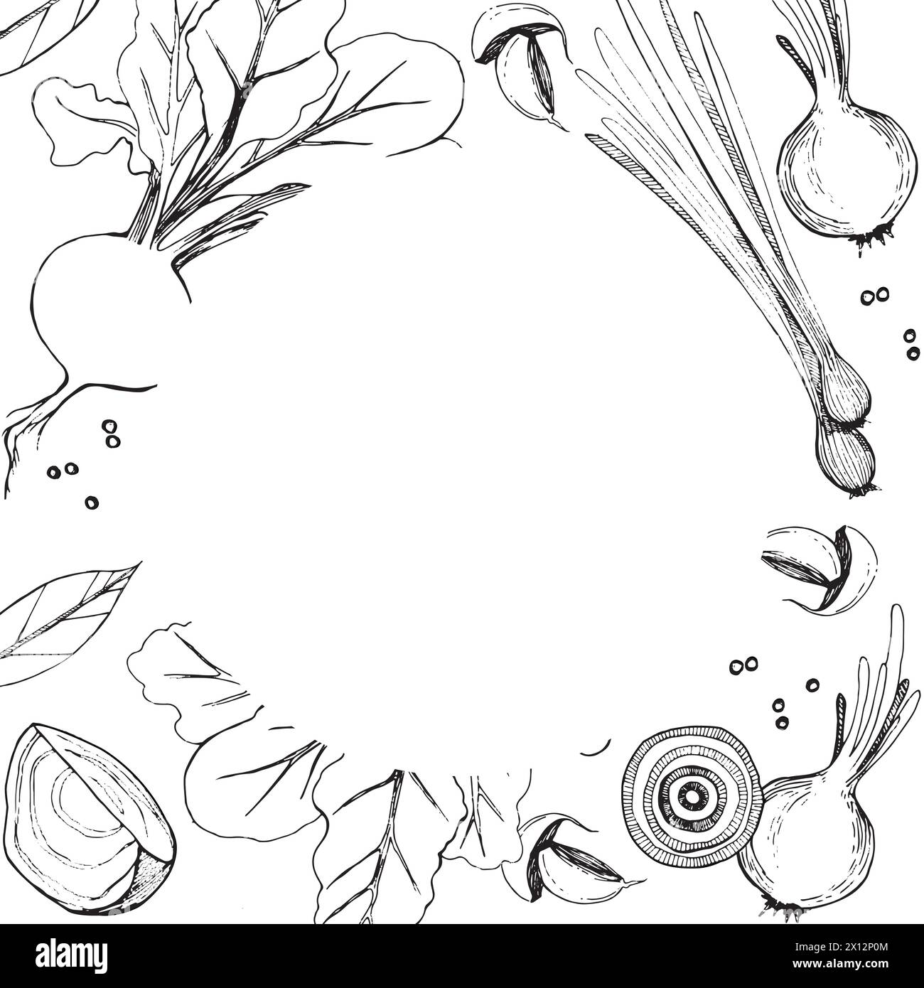 Illustration. Round frame with bleed. Vegetables, beets, onions, green ...