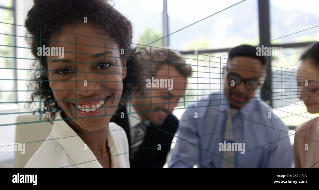 Image of shapes moving over diverse business people in office Stock Photo