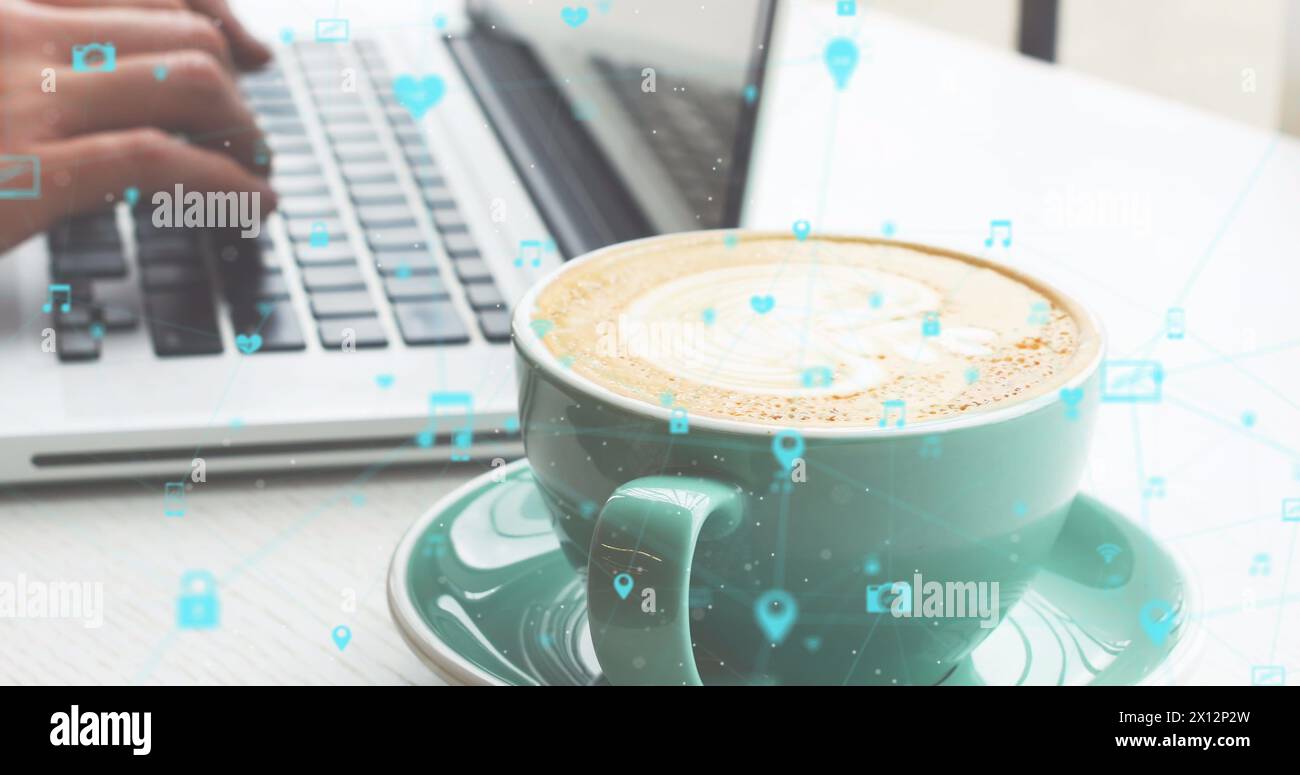 Image of data processing and networks over man using laptop Stock Photo