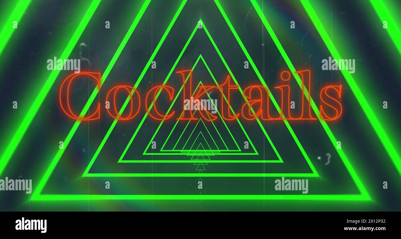 Image of neon orange cocktail text banner over triangular tunnel in seamless pattern Stock Photo