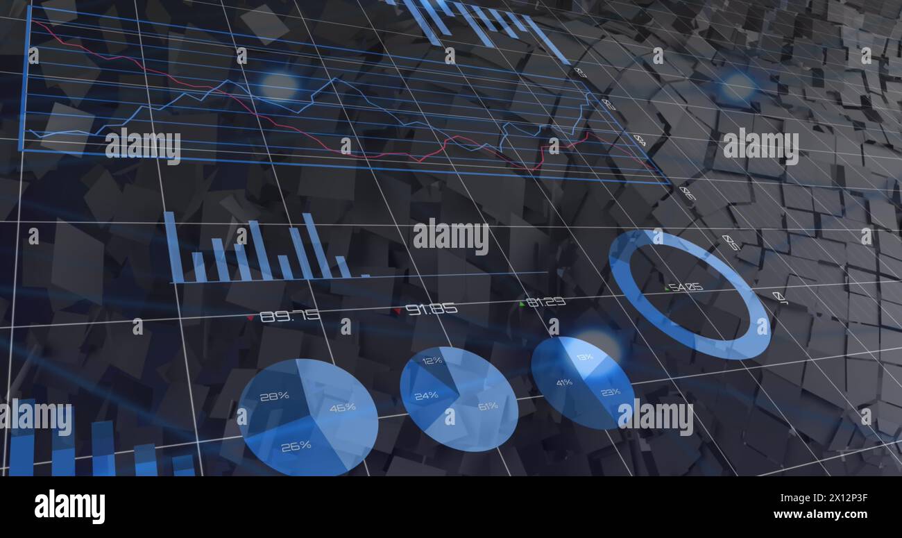 Image of financial data processing over squares on black background Stock Photo