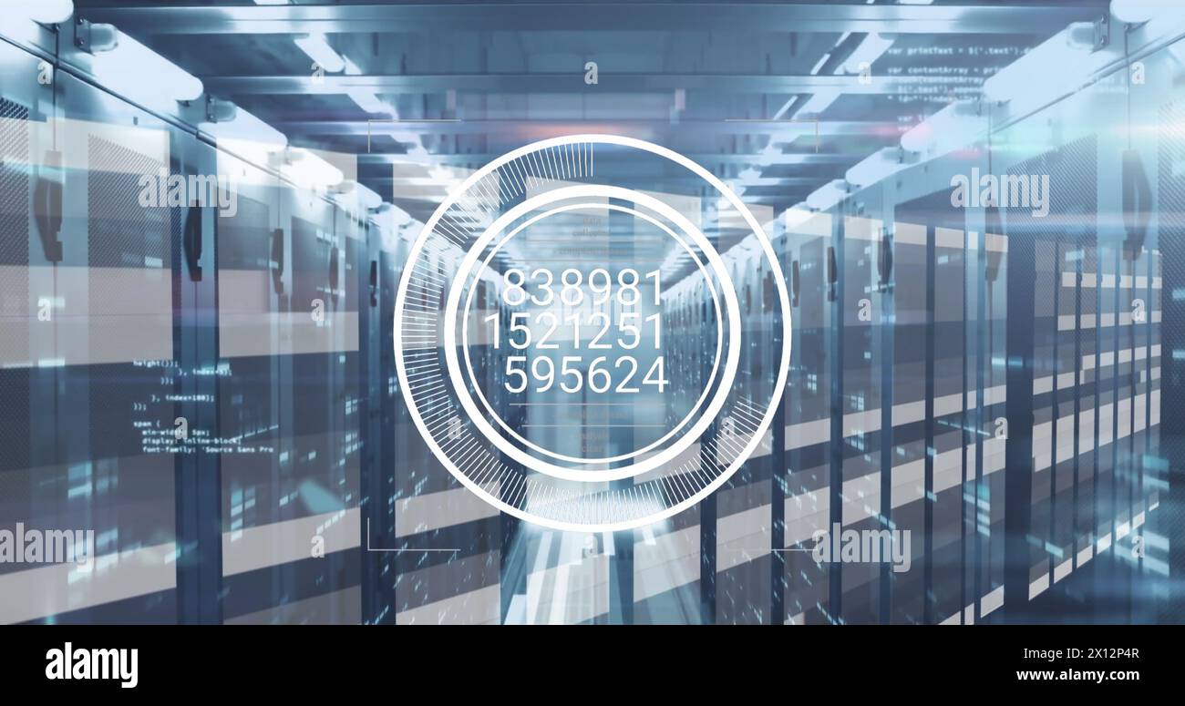 Image of numbers and data processing over computer servers Stock Photo