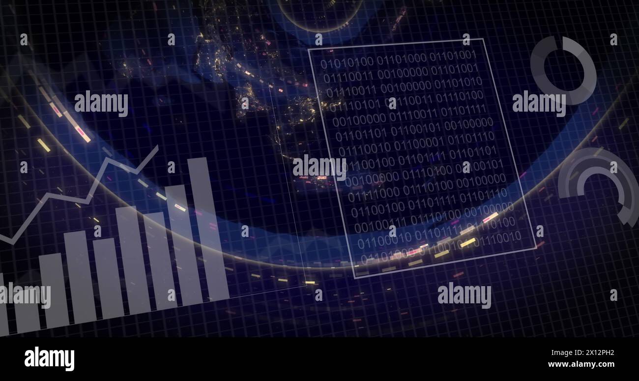 Image of data processing over world map on black background Stock Photo ...