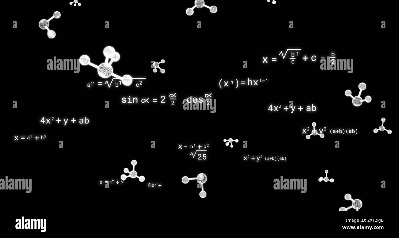Image of molecules over mathematical equations on black background Stock Photo