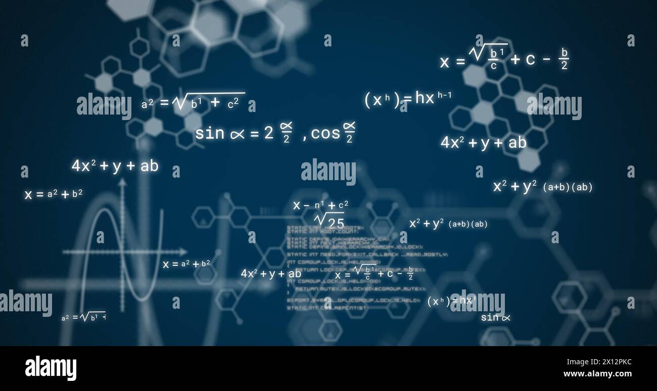 Image of data processing and mathematical equations on black background Stock Photo