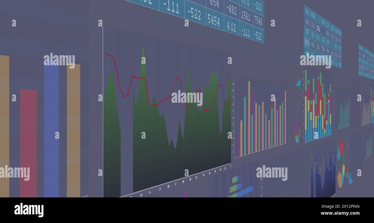 Image of interface with statistical data processing against grey background Stock Photo