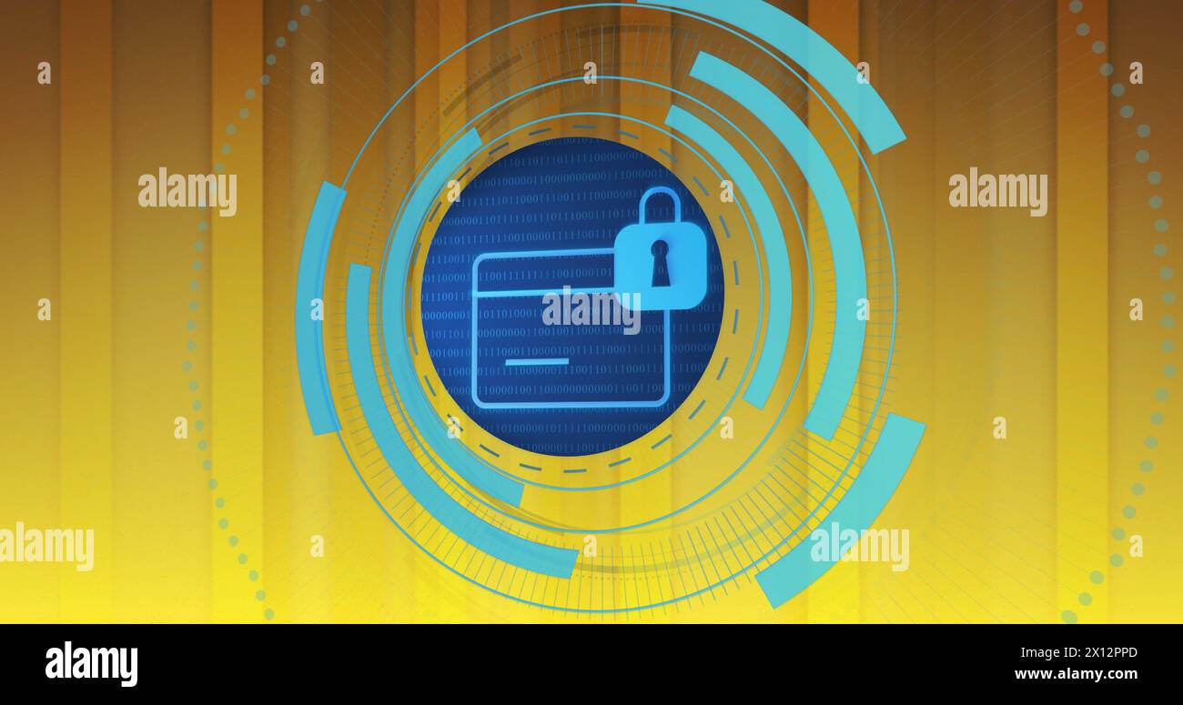 Circulat blue scanner over credit card and padlock icon on yellow background Stock Photo
