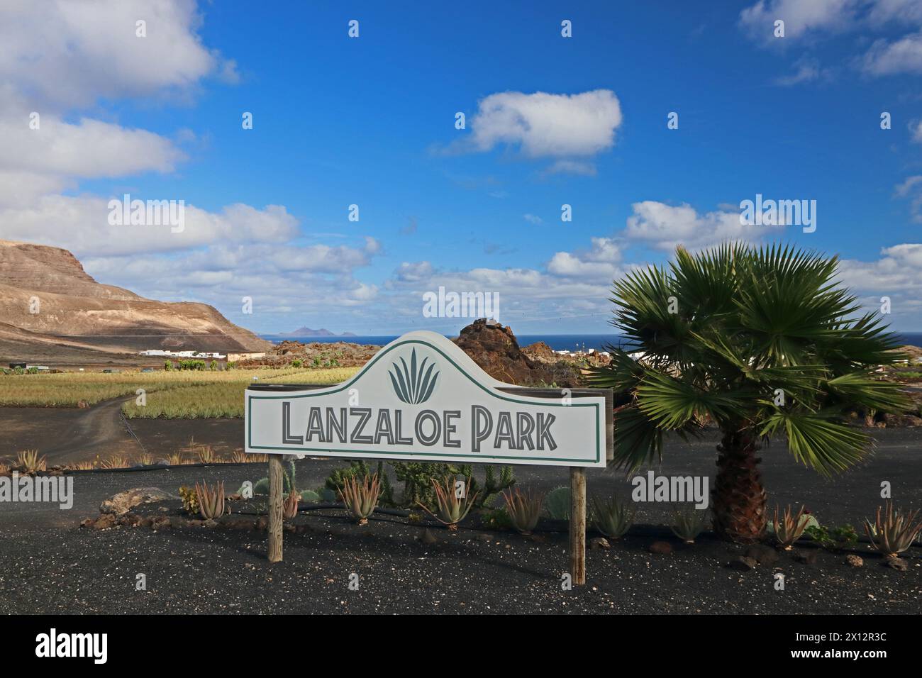 Sign outside Lanzaloe Park, an Aloe Vera farm, Lanzarote Stock Photo - Alamy