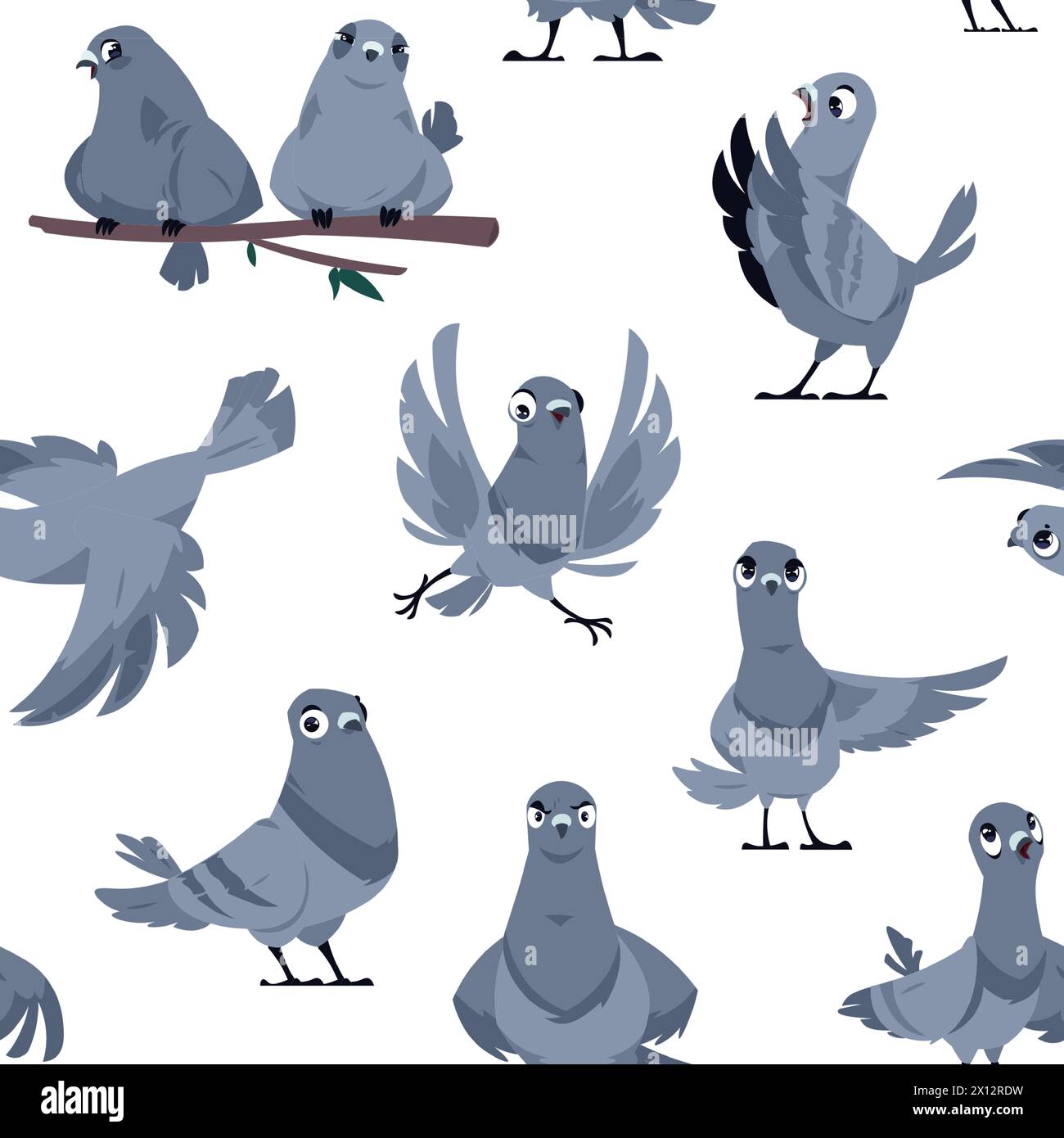 Cartoon pigeon pattern. Seamless print of cute birds in different poses and actions, domestic and wild white and gray dove. Vector texture Stock Vector