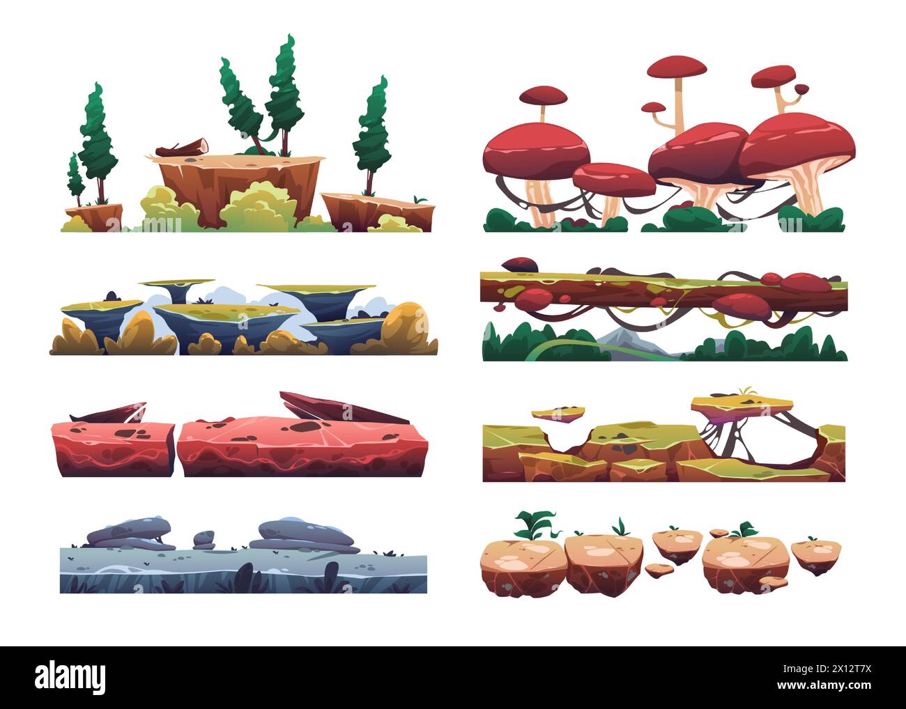 Cartoon game level surface. Ground and floor asset for game UI, sand, grass, dirt, swamp, lava, stone, ice, snow, water. Vector environment asset Stock Vector